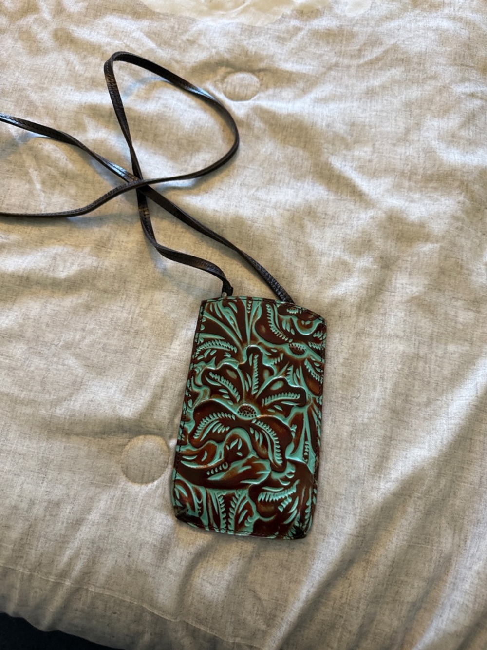 Patricia Nash Teal Floral Tooled Brown Leather Crossbody Phone Pouch